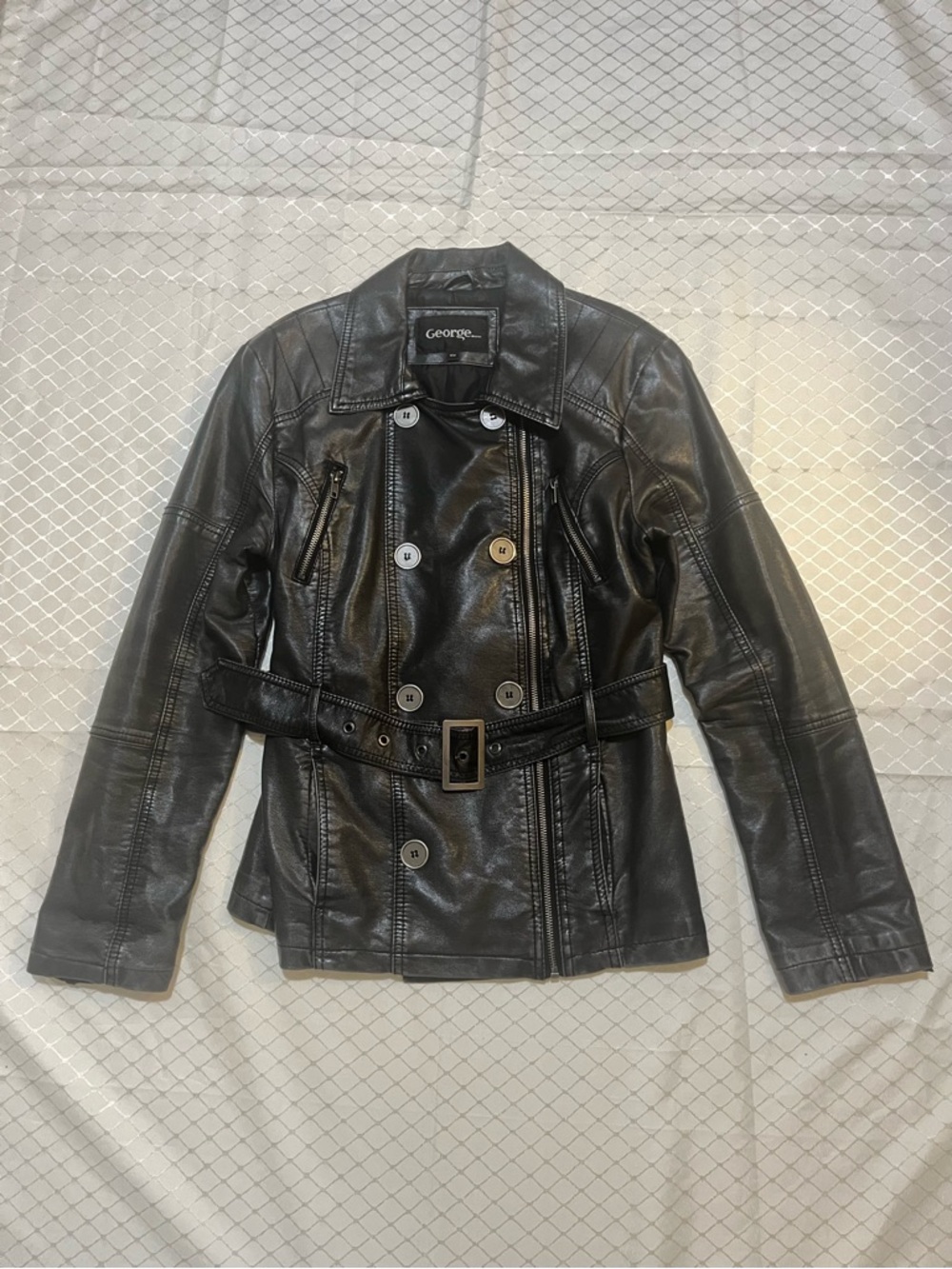 🛍️ $13 ADD-ON | Black & Silver Faux Leather Belted Button Zipper Jacket George - Picture 3 of 16
